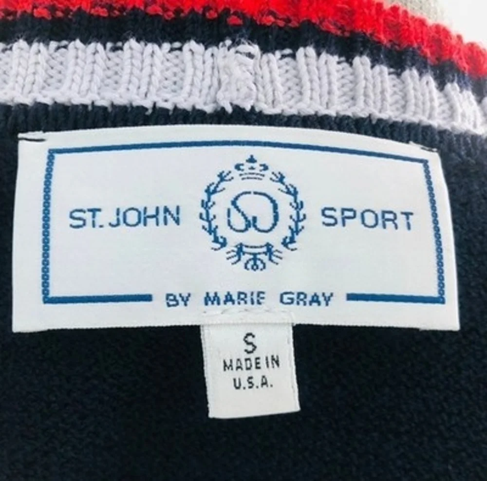 St John Knit Jacket Cardigan S M Vintage Button Front Blue Red White Luxury USA